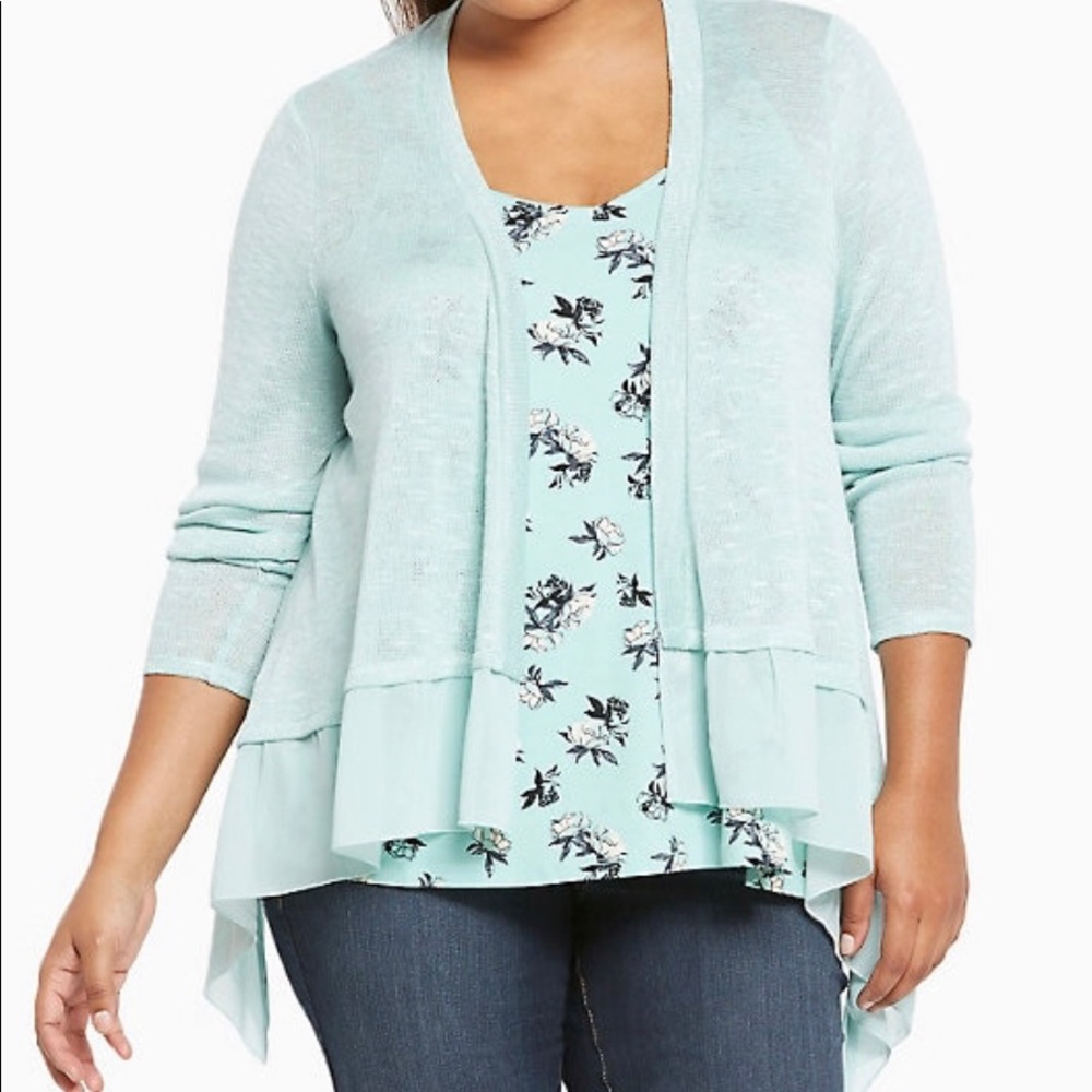 Mint green chiffon trim open cardigan